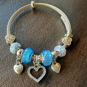 Silver-Tone Bracelet with Blue Glass Beads and Heart Charms